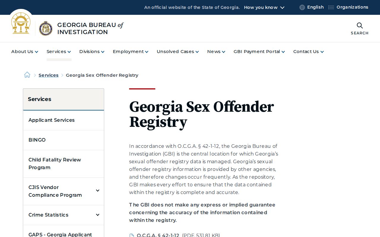 Putnam County sex offender registry landing page from GBI