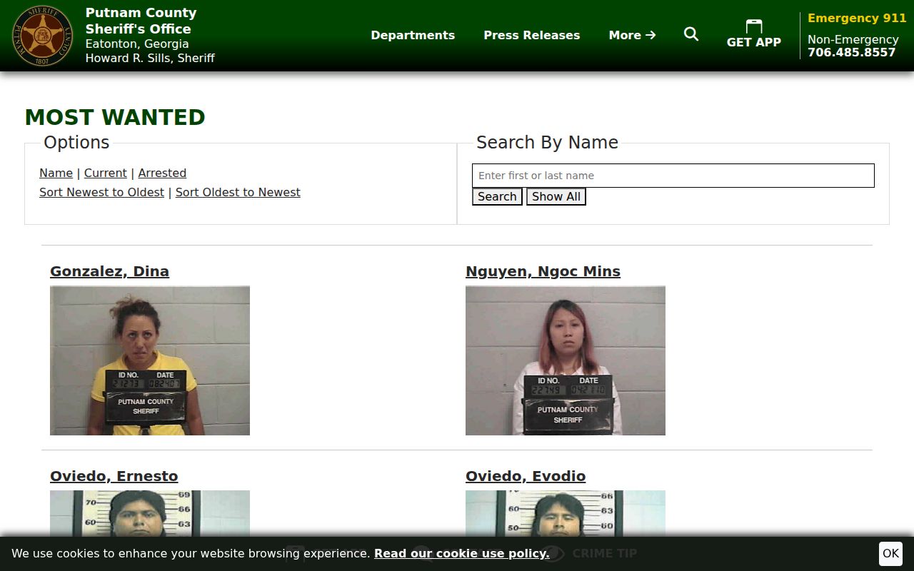 Putnam County Sheriff Most Wanted search with Current and Arrested tabs
