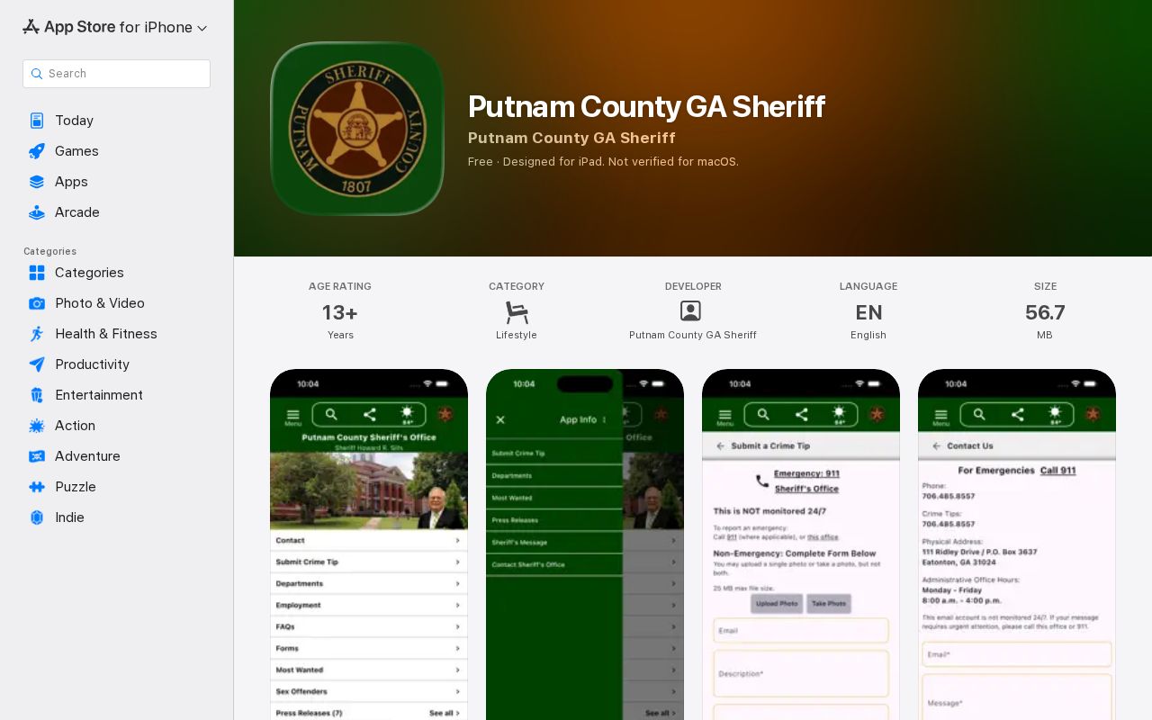 Apple App Store listing for the Putnam County Georgia Sheriff app